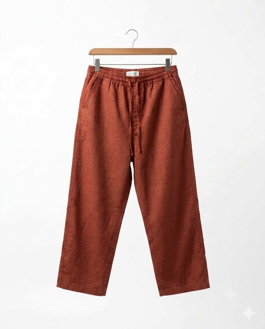 Burgundy Linen Wide-Leg Trousers