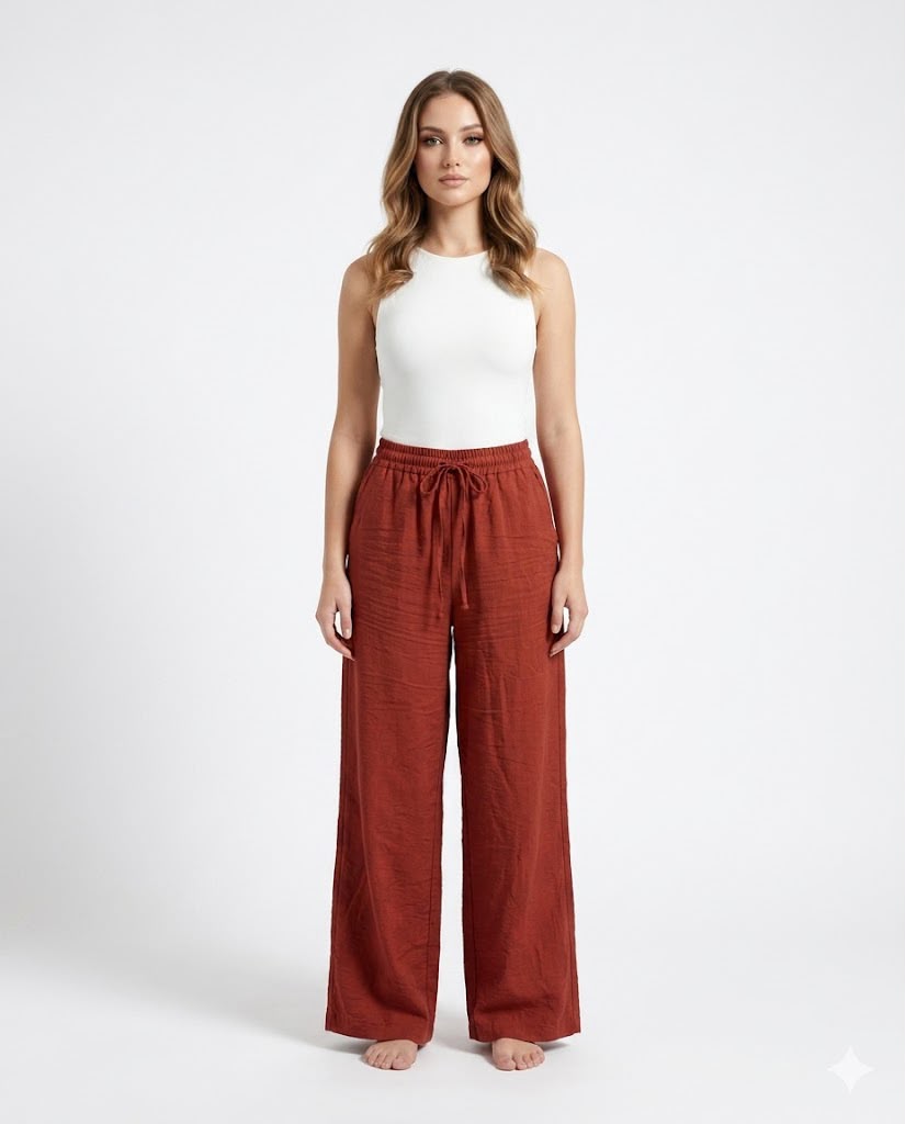 Burgundy Linen Wide-Leg Trousers