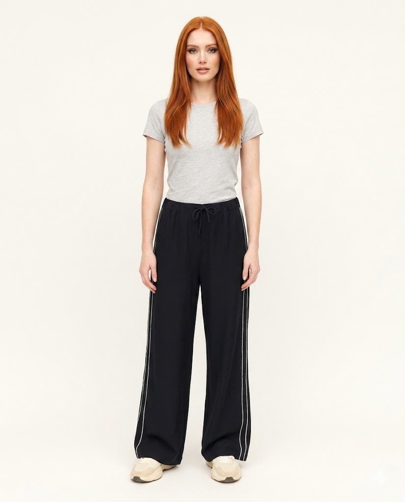 Black Wide-Leg Trousers with White Side Stripe