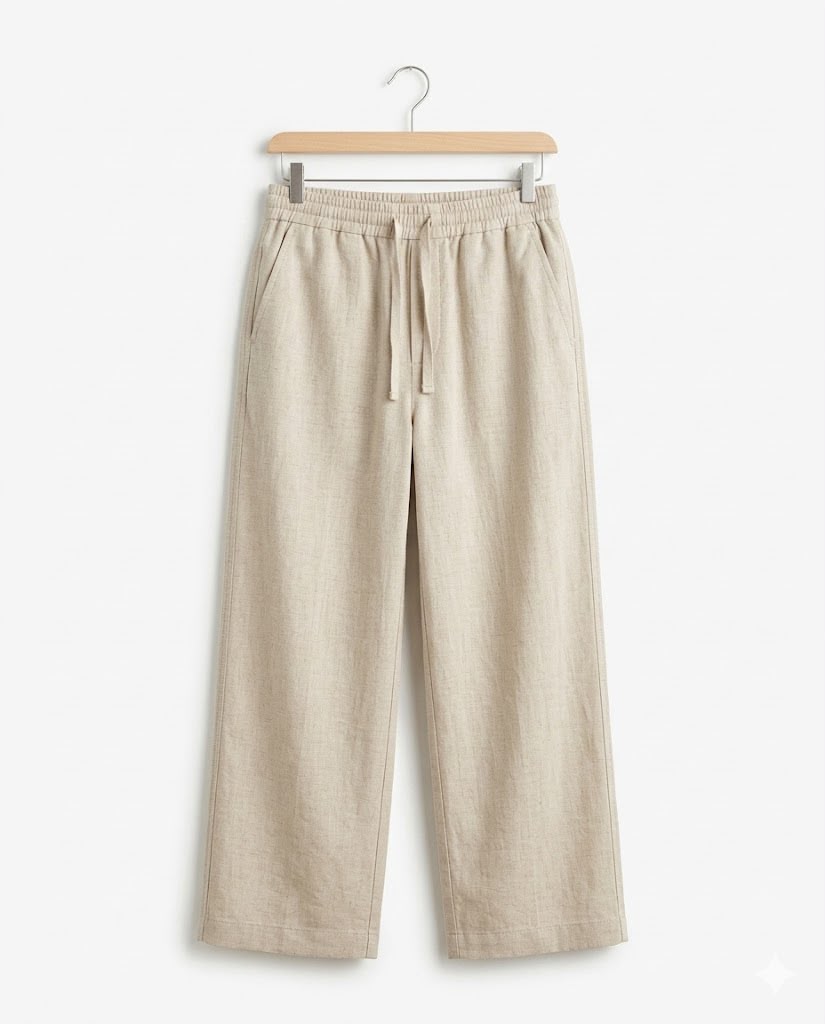 Beige Linen Wide Leg Trousers