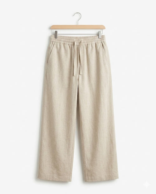 Beige Linen Wide Leg Trousers