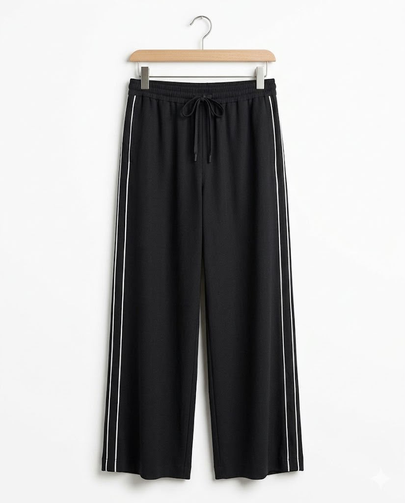 Black Wide-Leg Trousers with White Side Stripe