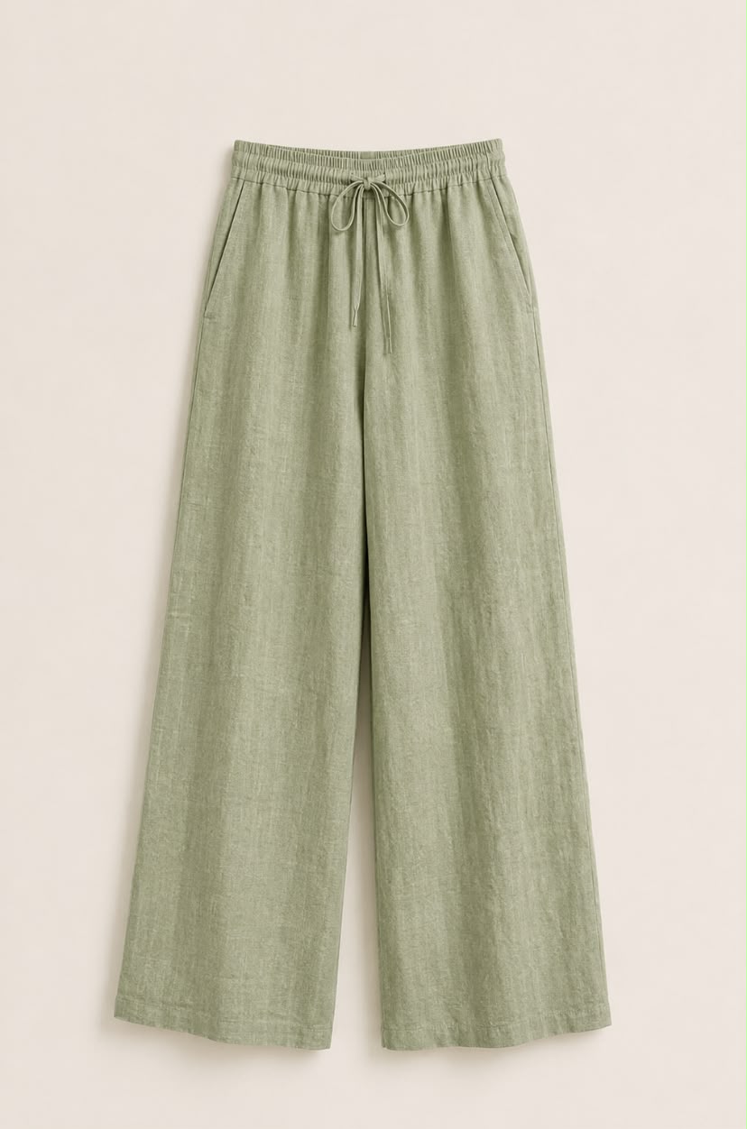 Sage Green Linen Wide-Leg Trousers