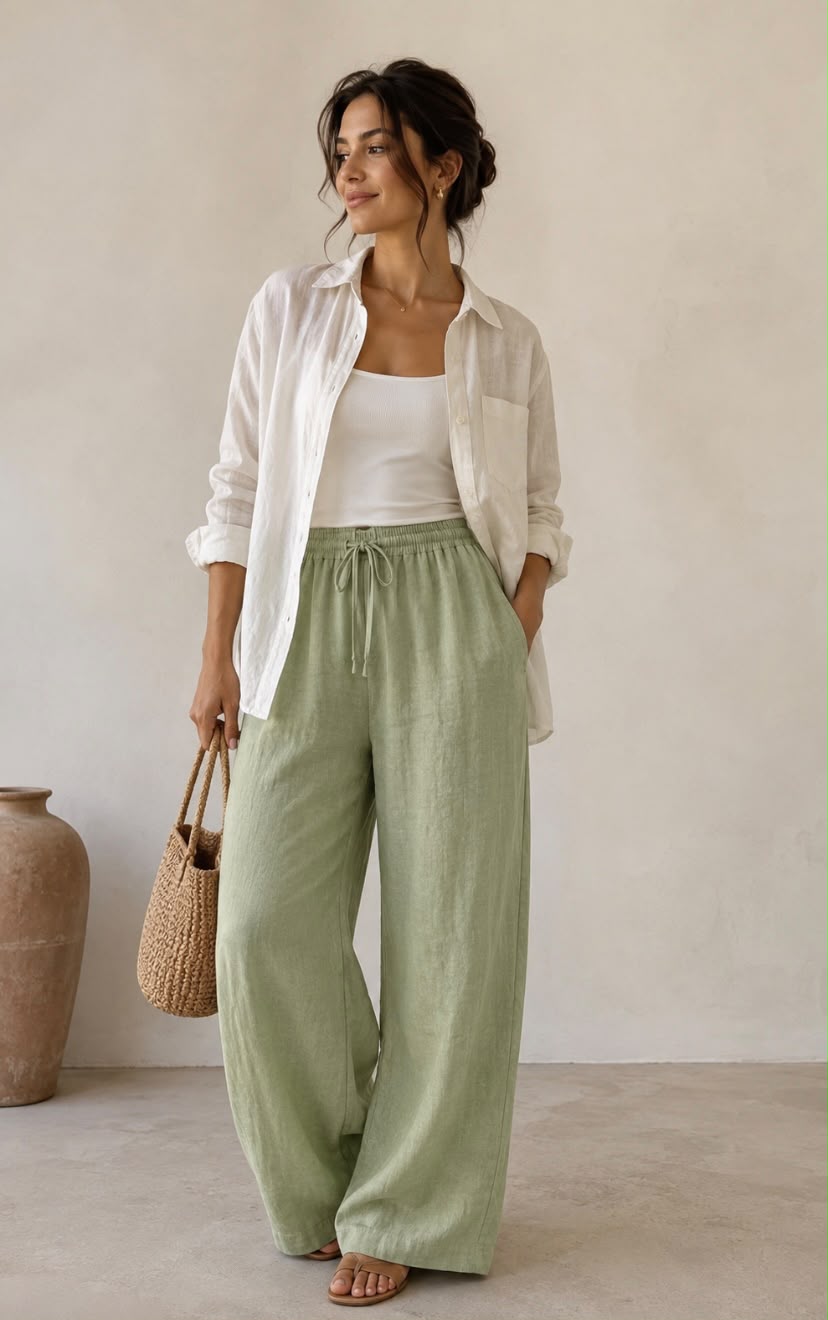 Sage Green Linen Wide-Leg Trousers